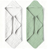 Bear Rocket organic muslin hooded towel with a cozy grey-green hood