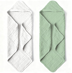 Bear Rocket organic muslin hooded towel with a cozy grey-green hood