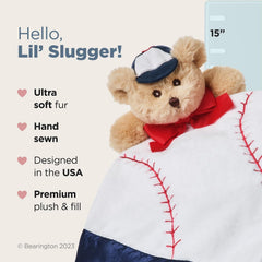 Bearington Lil’ Slugger Snuggler Teddy Bear with baseball cap for playtime.