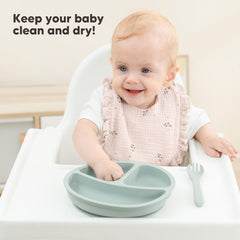 Bearmoss bibs back view showing water-repellent backing keeps baby dry