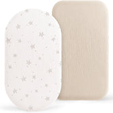 Bearmoss bassinet sheets 2-pack in muslin cotton for ultra-soft comfort.