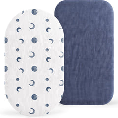 Bearmoss Bassinet Sheets in blue moon muslin for soft, breathable baby comfort.