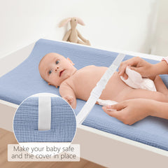Bearmoss changing pad cover features buckle strap holes for slip-free changes.