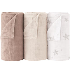 Bearmoss muslin swaddle blanket beige star, soft breathable cotton for newborn comfort.