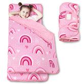 Beavtaens Toddler Nap Mat Rainbow folded for daycare portability.