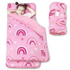 Beavtaens Toddler Nap Mat Rainbow folded for daycare portability.