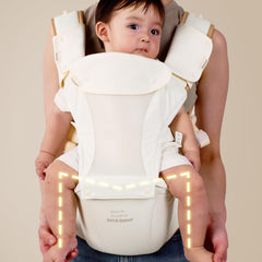 Bebamour carrier in use demonstrates hands-free mobility and secure baby hold