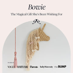 Bebe Bask Bowie the Unicorn handcrafted detail showcases unique artisan charm for nursery decor.