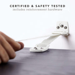 Bebe Earth anti-tip strap stabilizing a cabinet against tipping