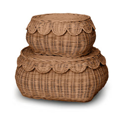BEBE BASK Flora basket lid close-up in mocca showing scalloped edge and handcrafted durability for nursery storage.