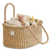 BEBE BASK premium diaper caddy in seagrass basket keeps essentials organized and stylish.