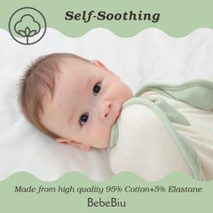 BebeBiu arms-in/out swaddle design supports growing baby