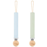 BebeBiu pacifier clip with sage-ether soft fabric close-up, gentle touch for baby