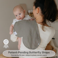 Bebeezoo burp cloths feature reversible pockets for spill catching on both sides