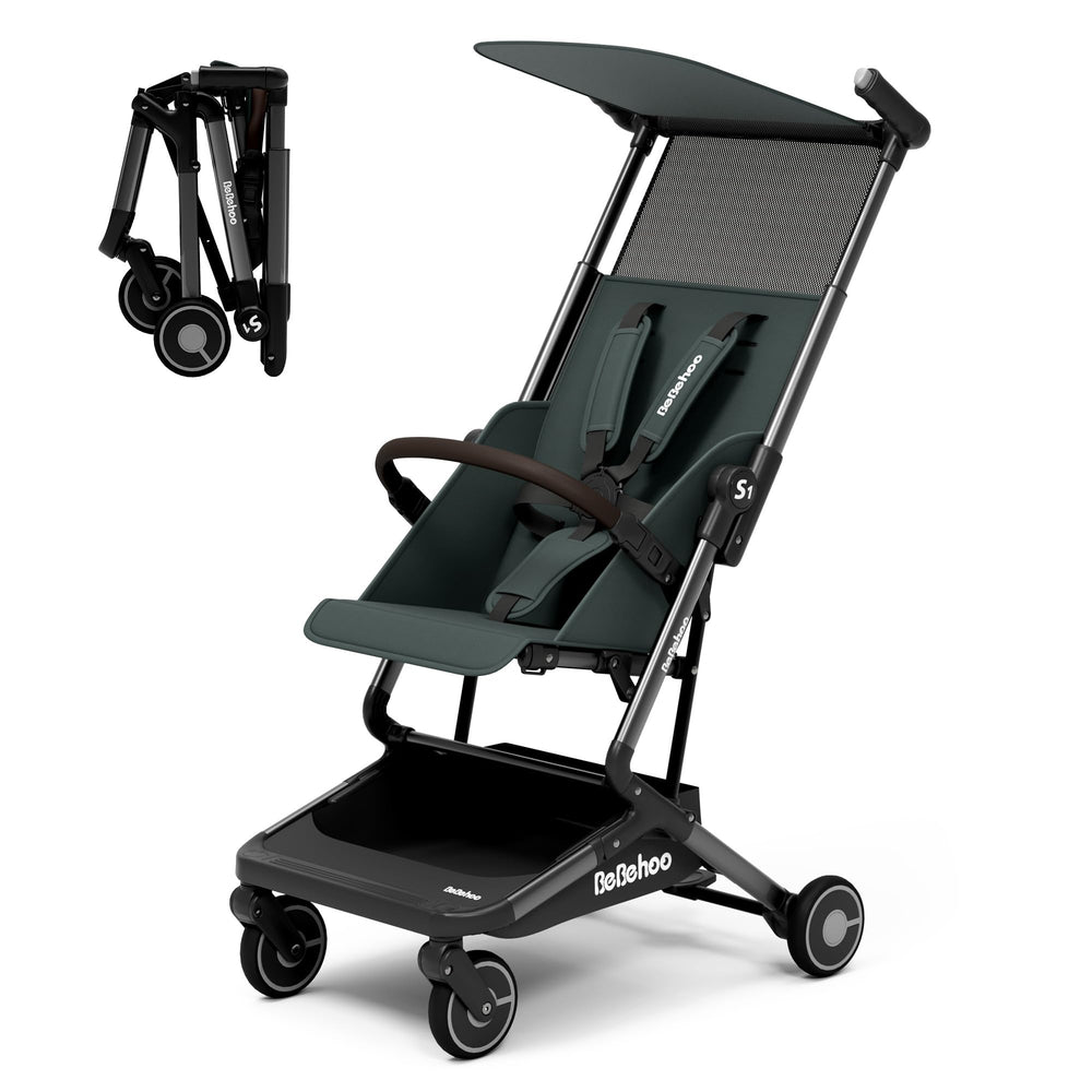 bebehoo foldable travel stroller shown in compact one-handed fold for car storage