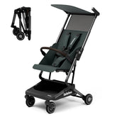 bebehoo foldable travel stroller shown in compact one-handed fold for car storage