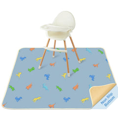 BeBeJoJo splat mat under high chair with blue dinosaur pattern protects floors from spills.