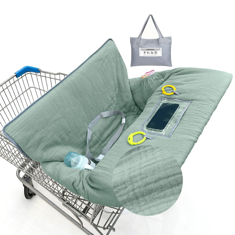 BeBeJoJo muslin cart cover in sage green provides soft-breathable comfort for shopping trips