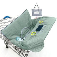 BeBeJoJo muslin cart cover in sage green provides soft-breathable comfort for shopping trips
