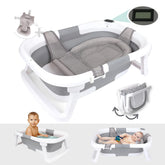BEBELEH collapsible baby bath tub with thermometer for easy storage and temperature checks.