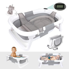 BEBELEH collapsible baby bath tub with thermometer for easy storage and temperature checks.