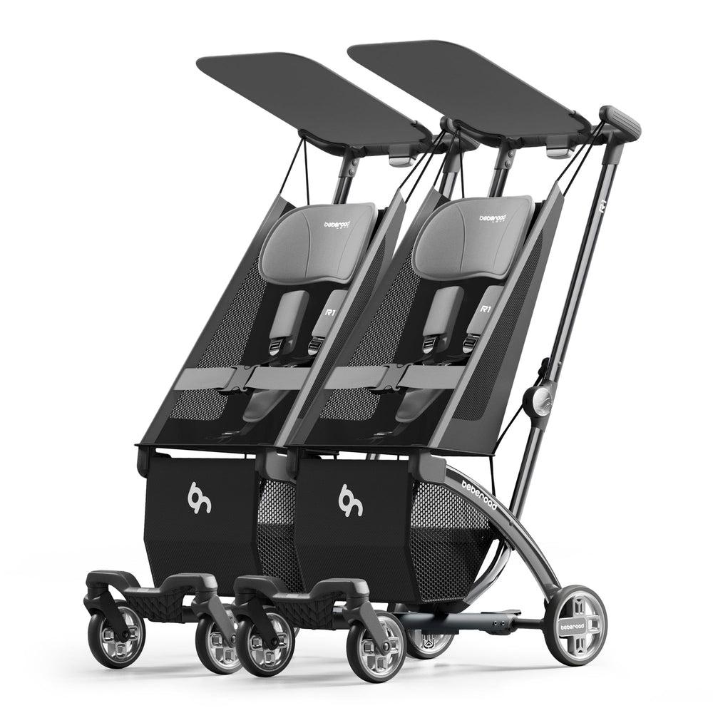 Beberoad Love R1 auto-folding twin stroller folded for easy storage.