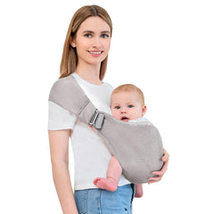 Bebless baby carrier front view in light grey showing compact profile and comfort