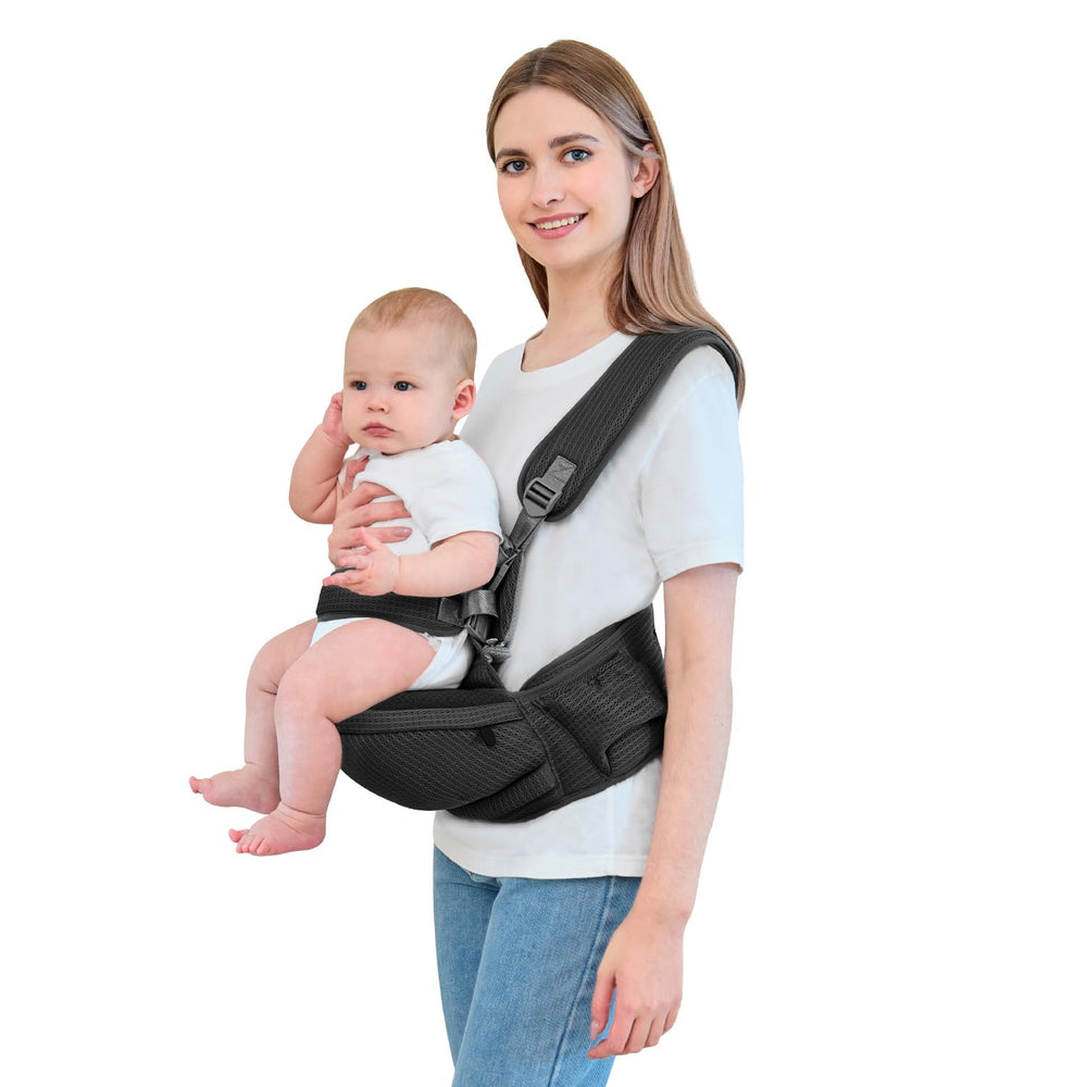 bebless Baby Hip Carrier with hip seat in black for hands-free comfort