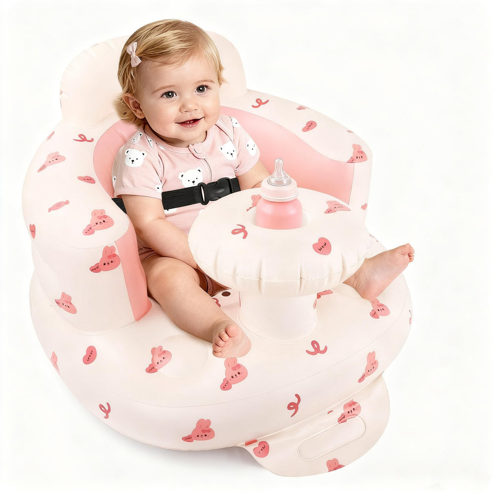 BEBOAN inflatable baby seat with tray in pink bunny design, ideal for travel and playtime.