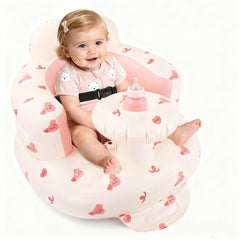 BEBOAN inflatable baby seat with tray in pink bunny design, ideal for travel and playtime.