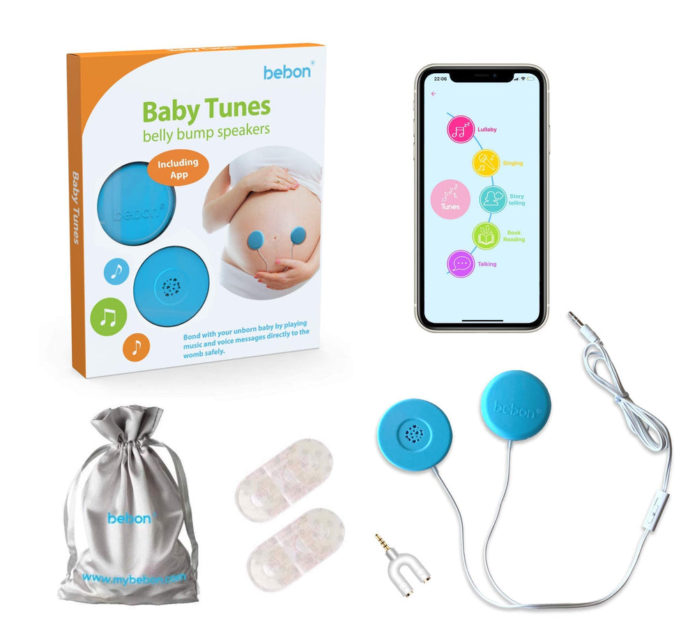 bebon Baby-Bump Headphones on belly delivering lullabies to the womb safely.