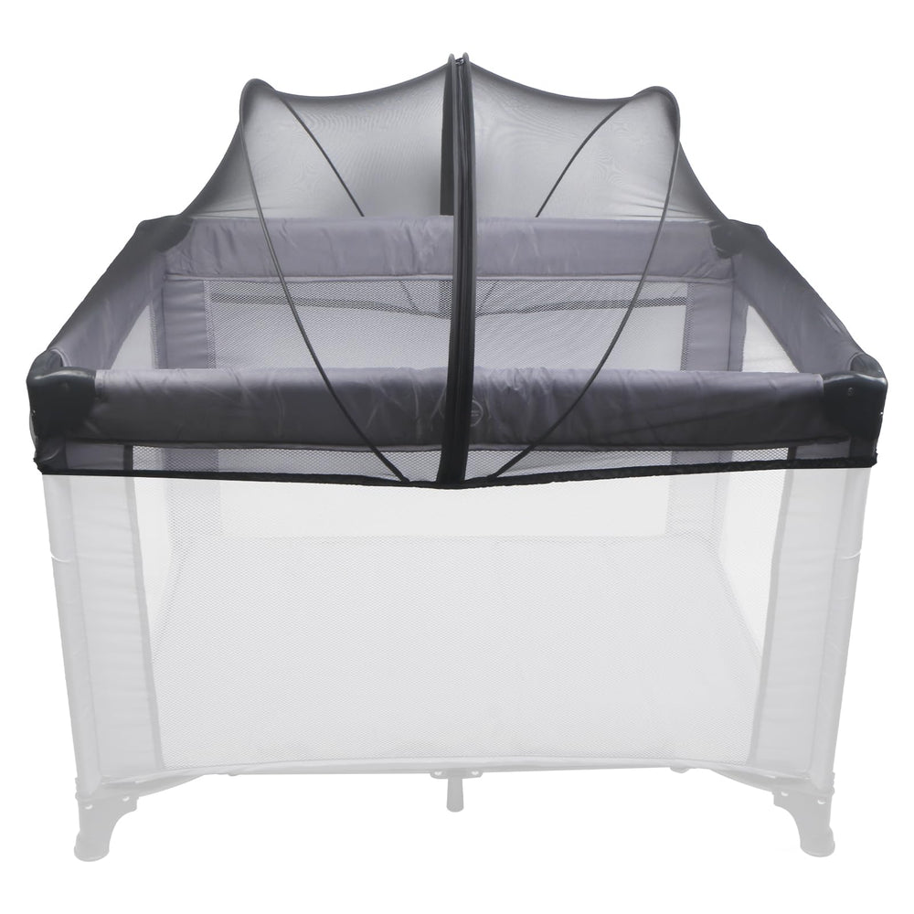 BEBONO mosquito net cover on Pack N Play, front view, protects baby from insects