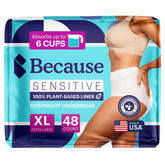 Because Sensitive Overnight Briefs pack shot showing full night protection for sensitive skin