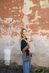 Close-up of Beco Toddler Carrier 100% cotton outer fabric and soft interior