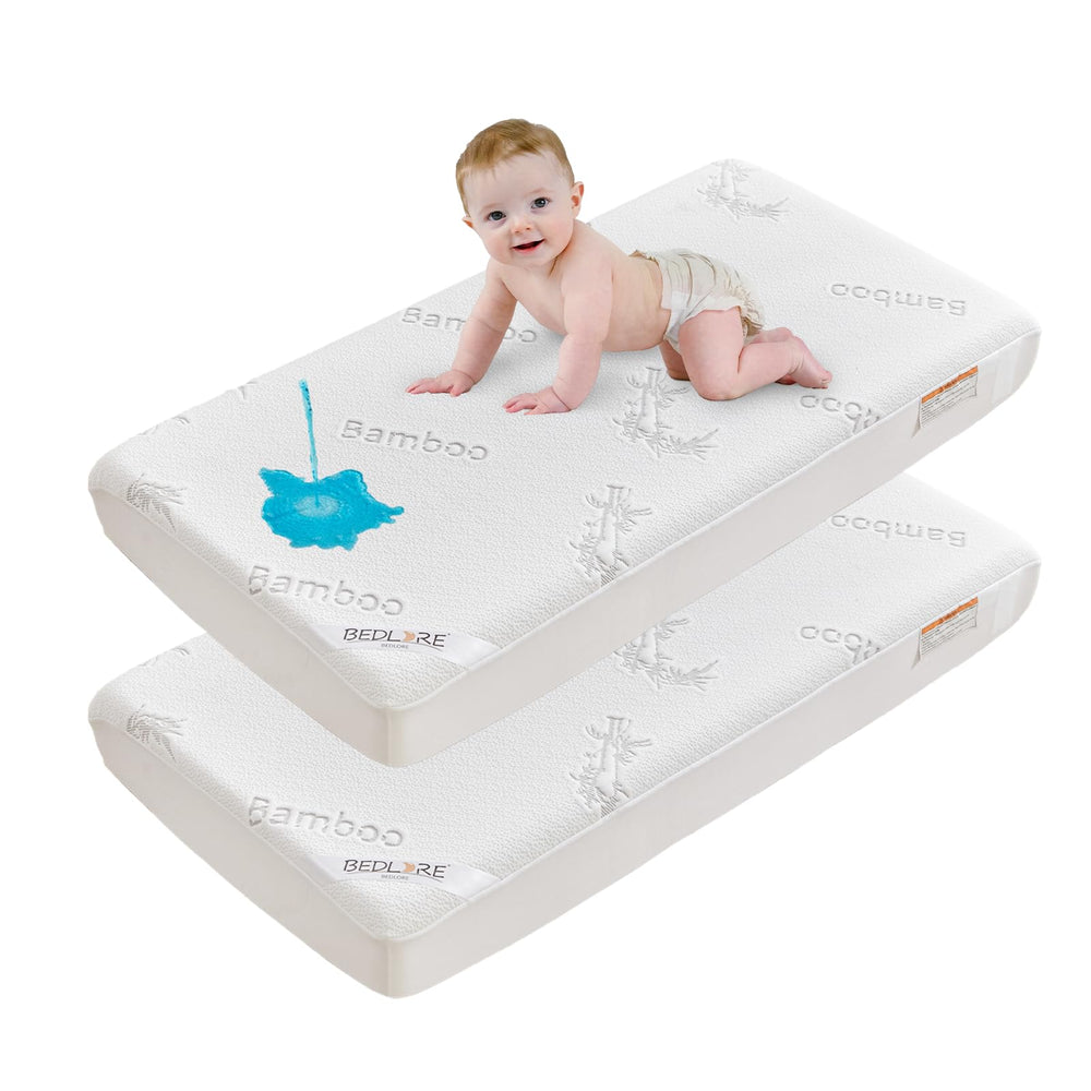 Bedlore Waterproof Crib Mattress Protector 2 Pack keeps spills away on a standard crib
