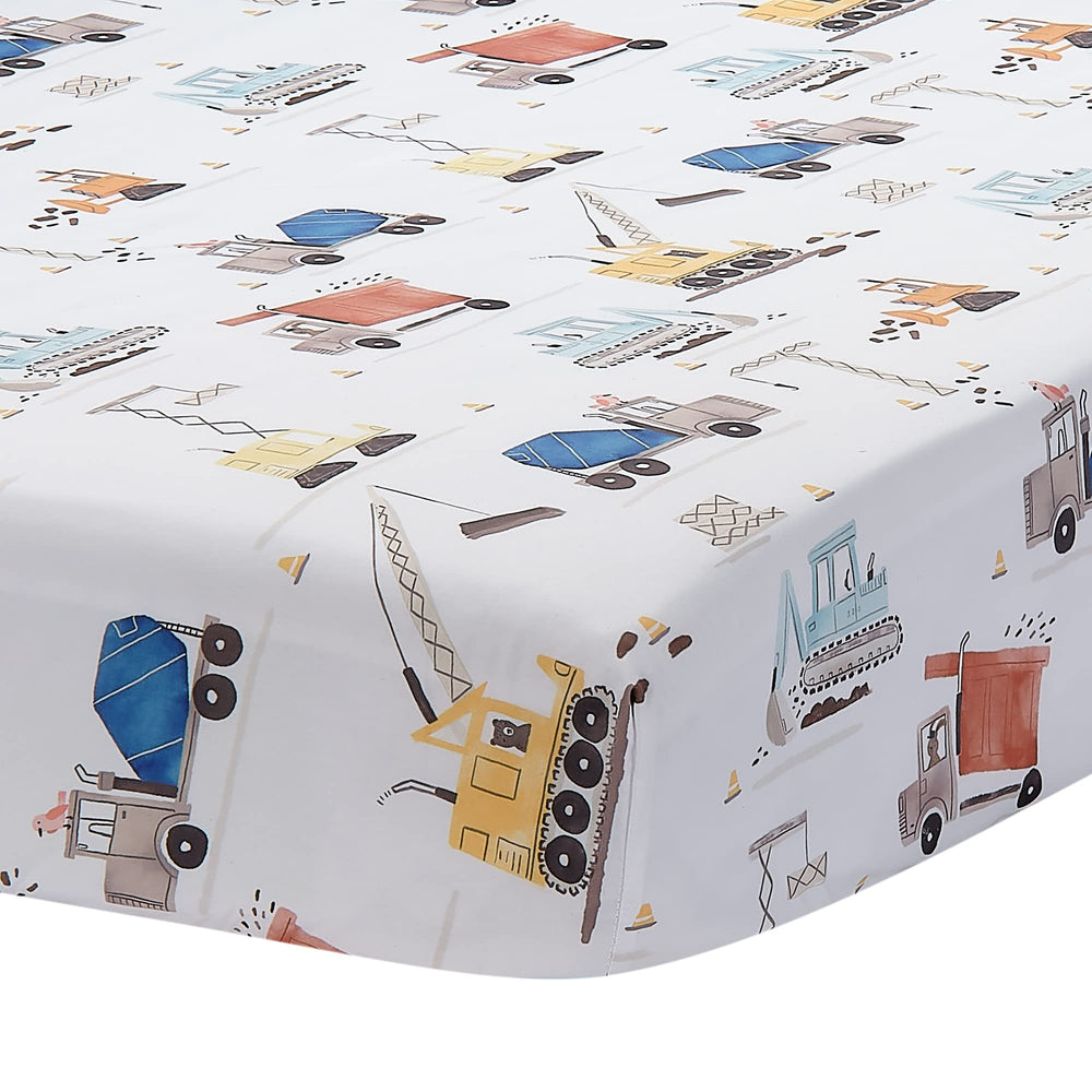 Bedtime Originals Construction Zone sheet with trucks for crib comfort and easy care