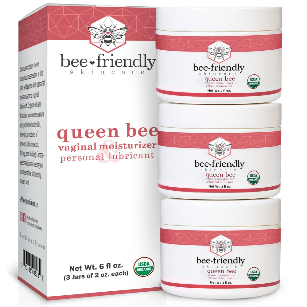 BeeFriendly Organic Vaginal Moisturizer box set shows three jars for ongoing intimate care