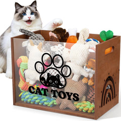 Beeveer large cat toy basket in wood with acrylic board for organized pet toys