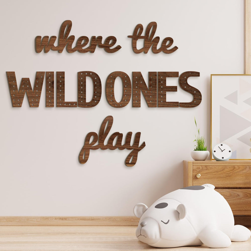 Beeveer Where the Wild Ones Play nursery sign adds a playful wooden focal point.