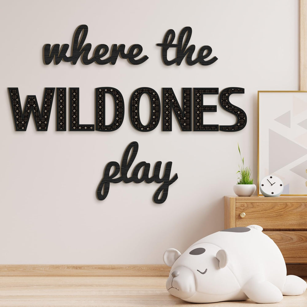 Beeveer Where the Wild Ones Play nursery sign enhances playroom decor with bold style.