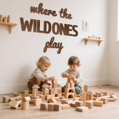 Beeveer Where the Wild Ones Play sign set brightens spaces with carved wood art.