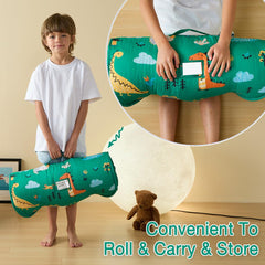 Beeweed dinosaur nap mat with minky blanket shows soft warmth during rest.