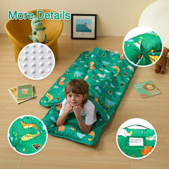 Beeweed dinosaur nap mat removable pillow demonstrates simple washing and care.