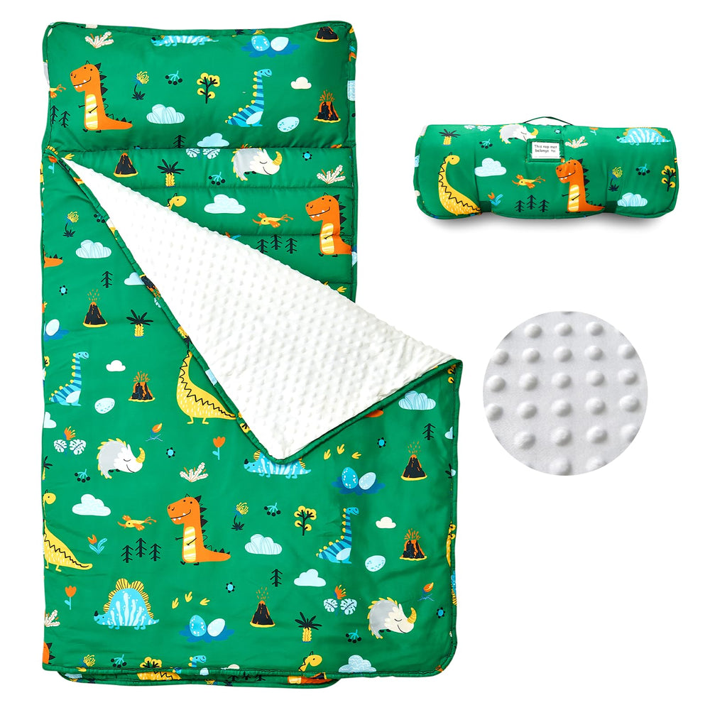 Beeweed dinosaur nap mat rollup design, easily compact for daycare naps.