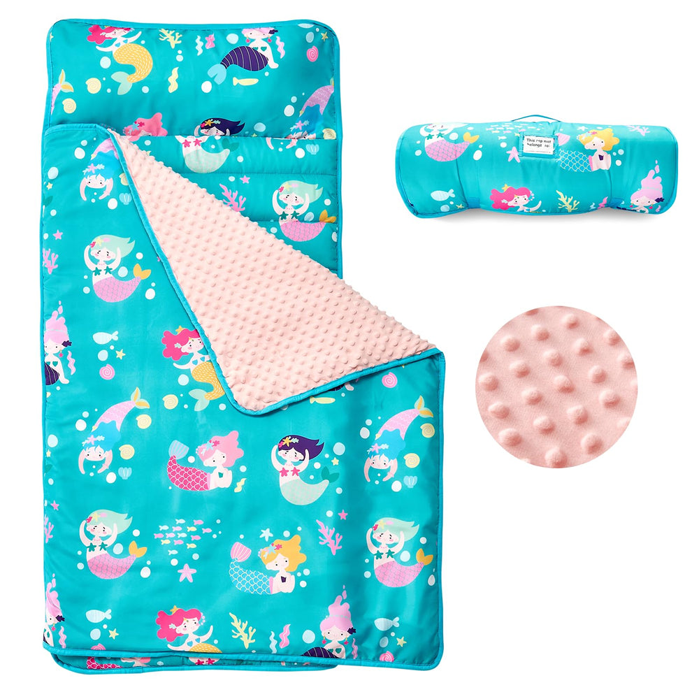 Beeweed Mermaid toddler nap mat rolled up with rollup design for easy transport