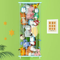 Befayoo corner stuffed animal storage shelf showing 75-inch length and large capacity for plushes.