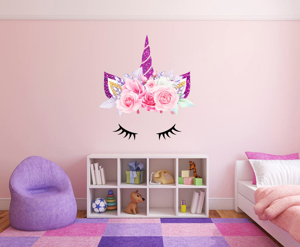 BEHARCOLORS unicorn wall decal in pink glitter for a playful bedroom splash.
