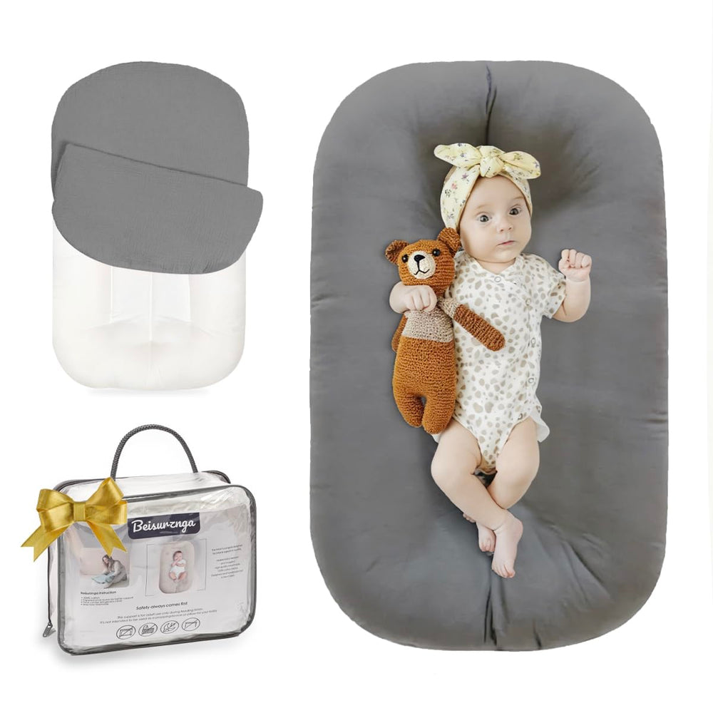 Beisurznga baby lounger in gray, 32x19 inches, for cozy playtime.