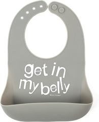 Bella Tunno Get In My Belly bib with a deep pocket for catching crumbs.