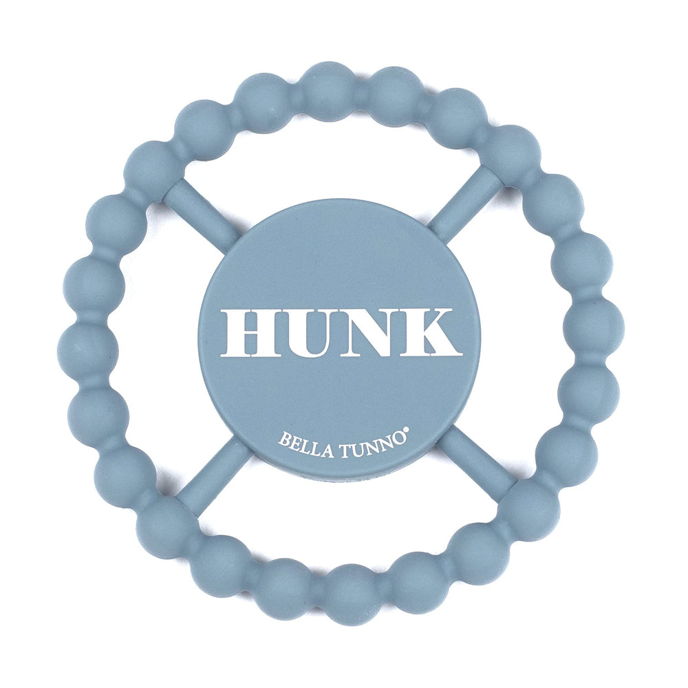 Bella Tunno Hunk teether blue round: safe, soothing gum relief for tiny fingers.